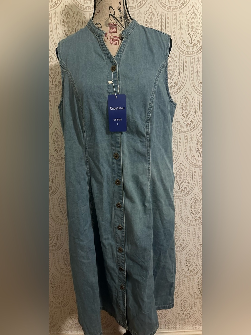 Amazon Light Blue Sleeveless Denim Midi Dress with Button Front